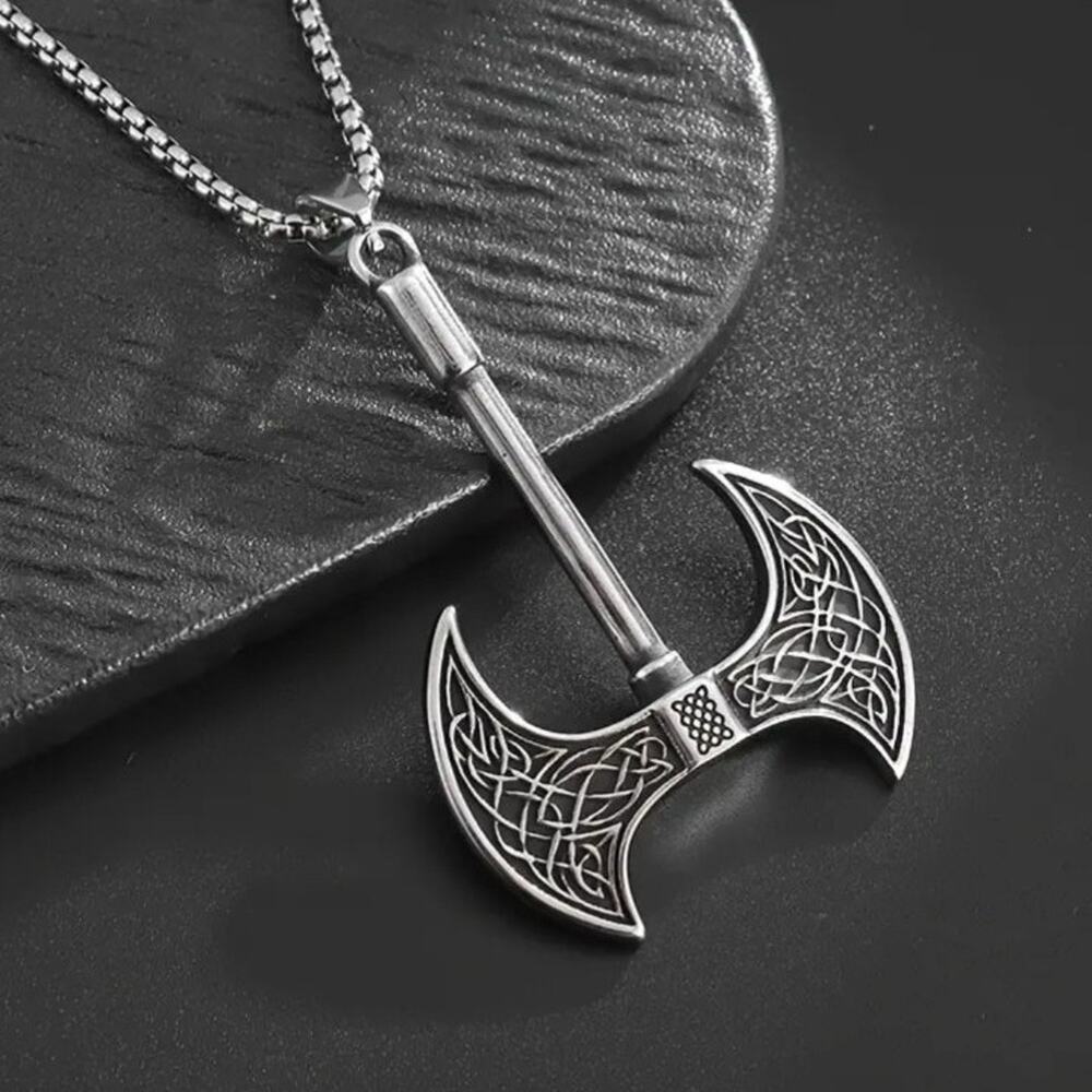 Men's Viking Axe Pendant Necklace Silver Tone Celtic Knot Double Blade Norse